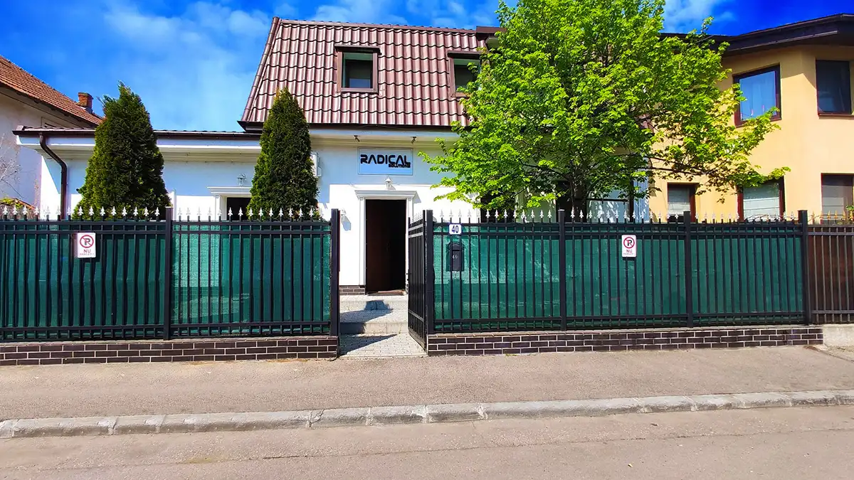 Intrarea în atelierul Radical Service, Strada Aristotel Pappia 40, zona Domenii